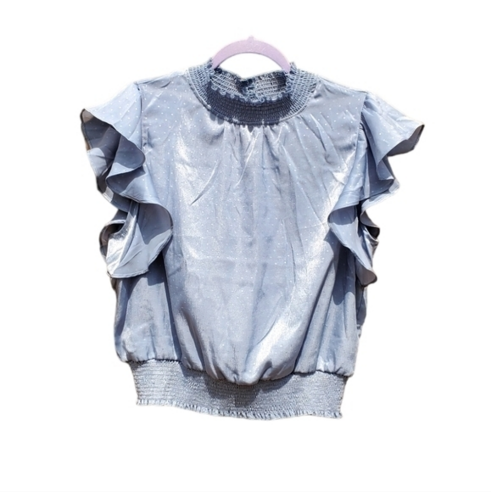 Pleione Blue Silky Ruffle Short Sleeves Blouse Tops Size XL NWT‎